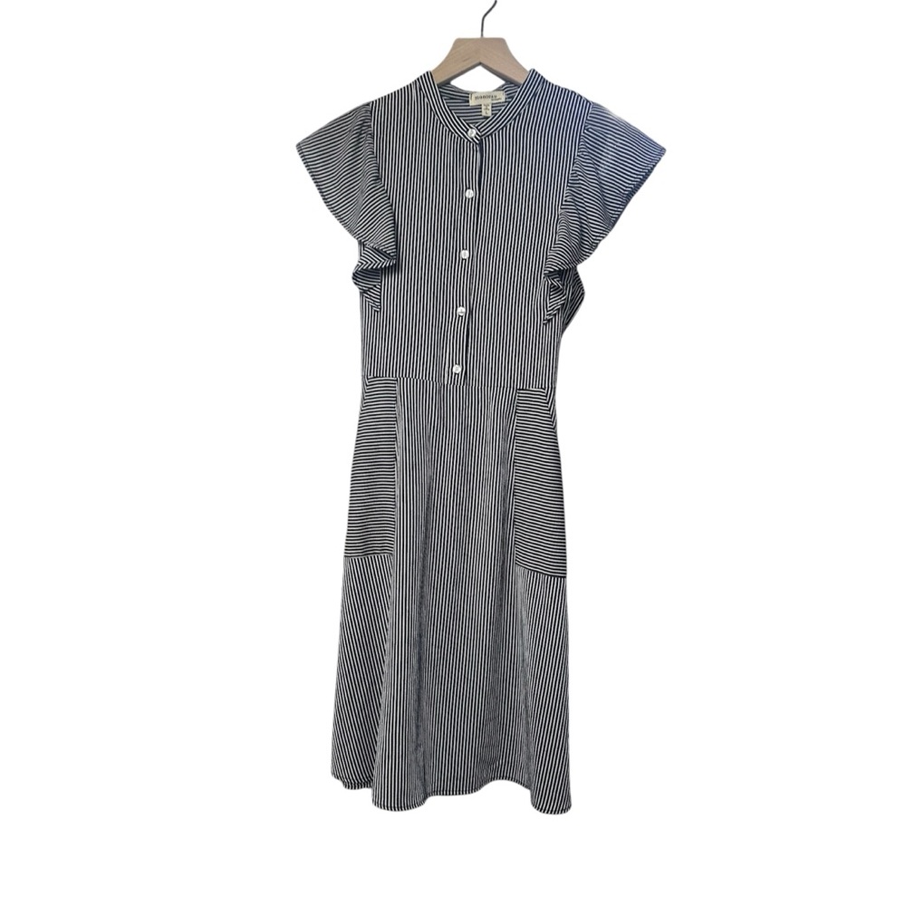 Monteau Navy and White Striped Dress, L, front pockets, flutter sleeves Coastal